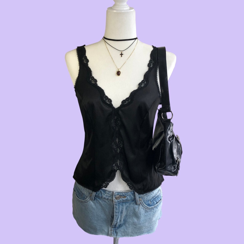 Vintage 70s Warners Frostings Black Satin Lace Trim Camisole Top Womens 34 XS S